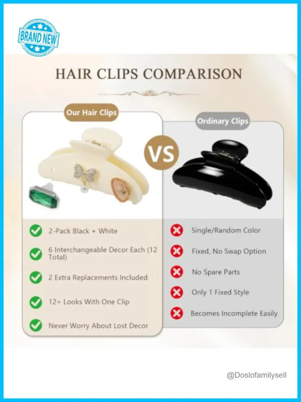 2 Pack Customizable Charms Hair Claw Clips - Acrylic Large Snap-On Clips for